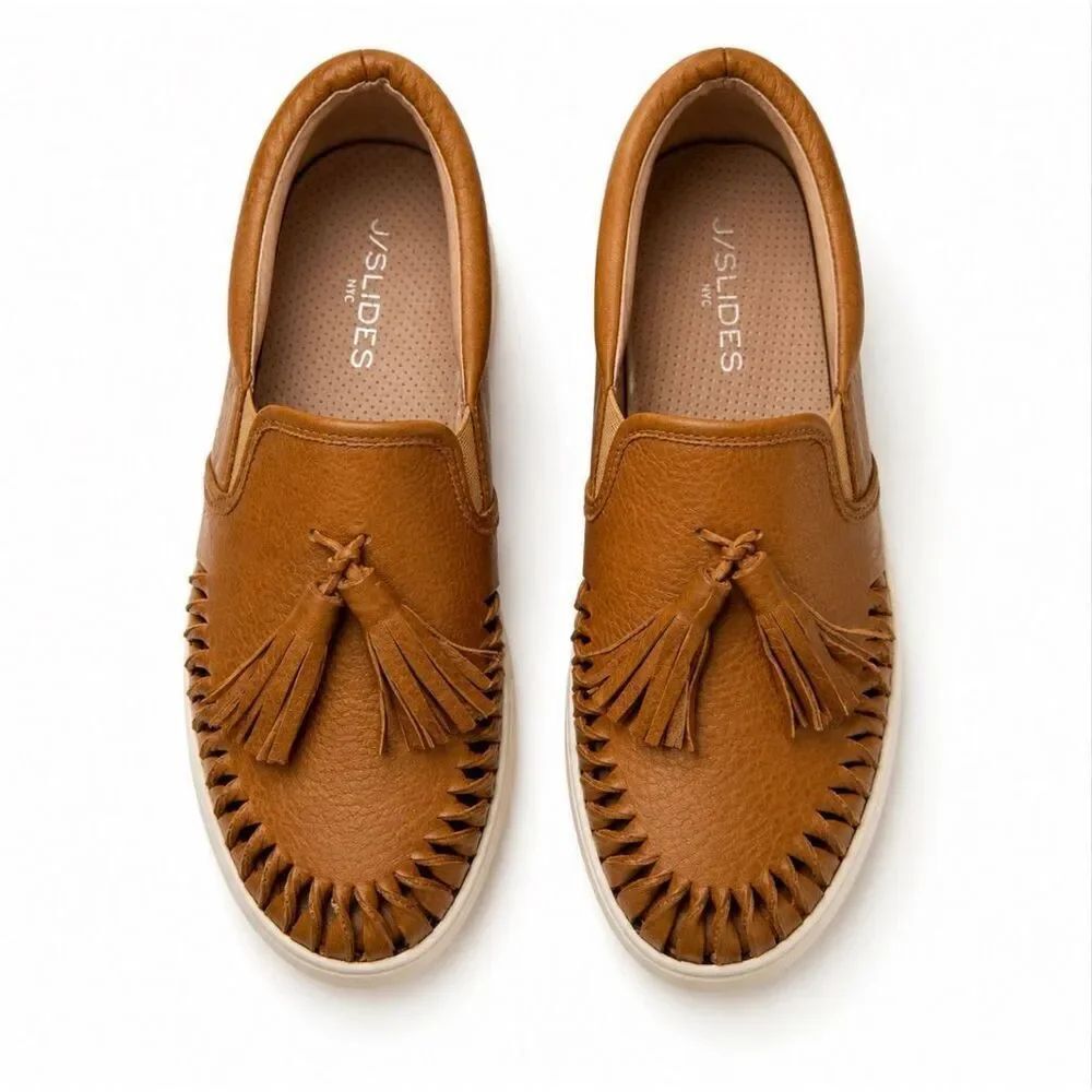 J/Slide tassel tan leather loafer shoes women’s SZ 8.5